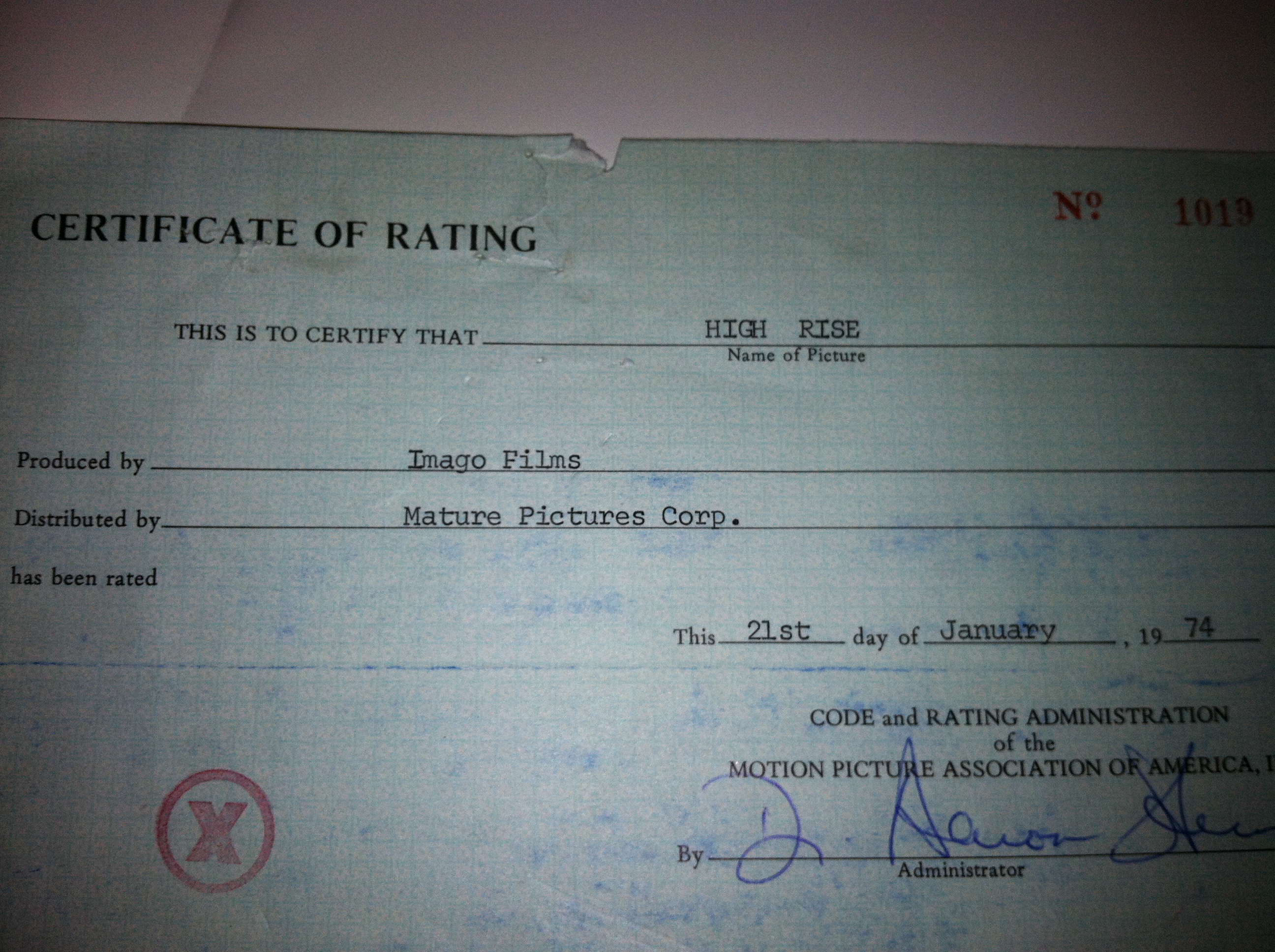 High Rise, Original certificate of X Rating.